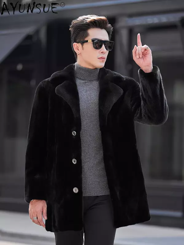 AYUNSUE 남성용 하이엔드 천연 모피 코트, 중간 길이 밍크 재킷, 정장 칼라, 캐주얼 스트리트웨어, 2023 겨울