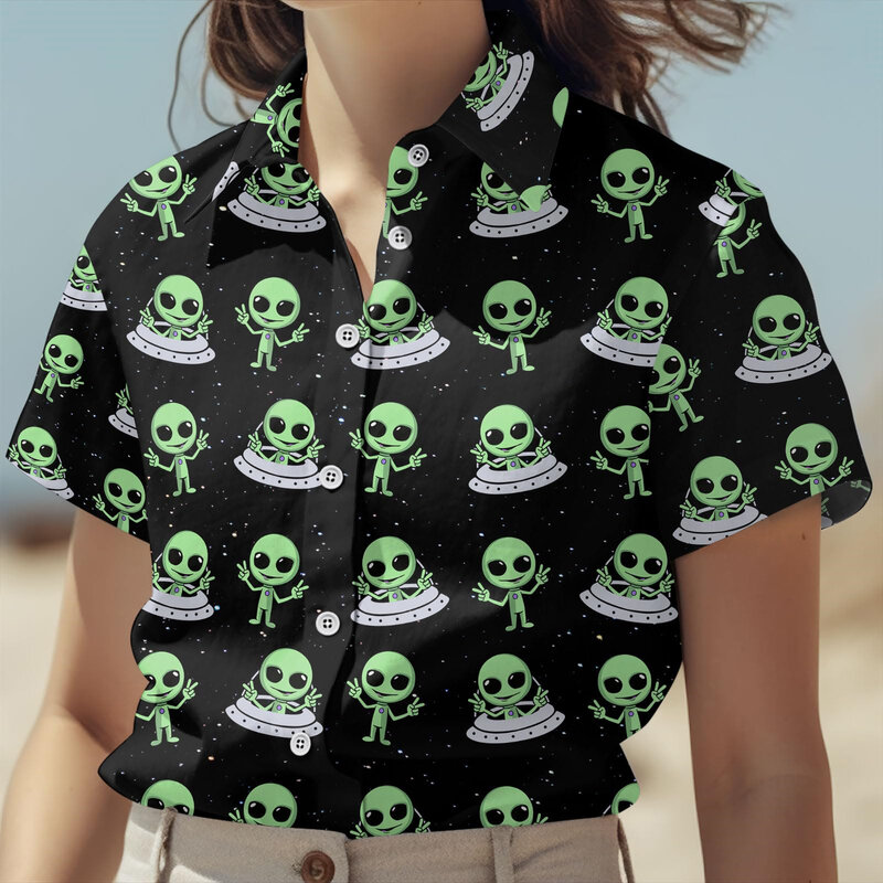 재미있는 외계인 그래픽 셔츠, 오버사이즈 3D 프린트 패턴, 남성 의류, 캐주얼 셔츠, 라펠 상의, 단추 여름 의류