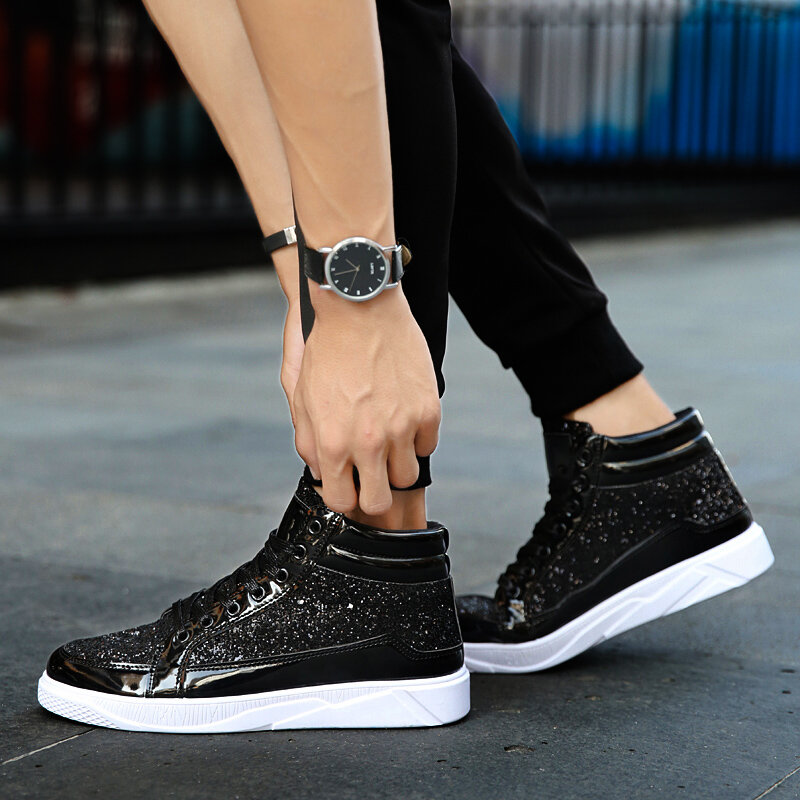 2022 Men PU Leather Casual Shoes Hip Hop Gold Fashion Sneakers Male Silver Microfiber High Tops Sequin Man Shoe Chaussure Tennis