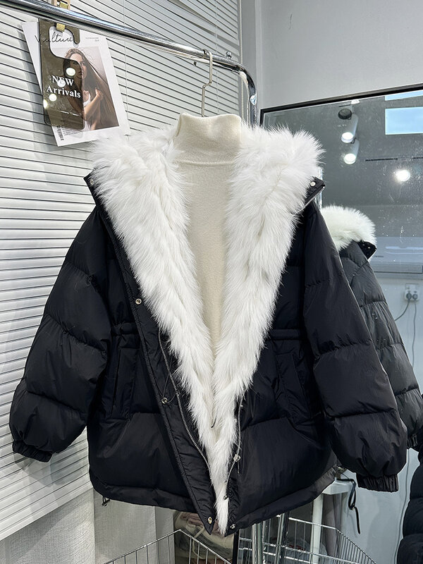 Piumino invernale bianco anatra piumino nero vera volpe collo di pelliccia grande alla moda caldo giovane piumino di pelliccia avanzato