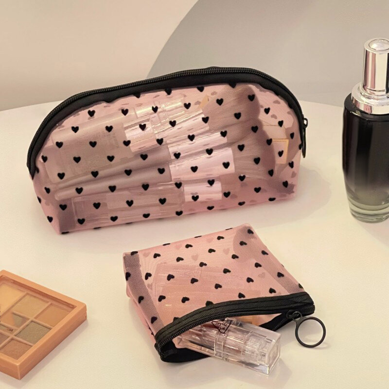 Borsa per il trucco in rete trasparente a cuore borsa per cosmetici portatile multifunzione da donna borsa da toilette per rossetto da toilette
