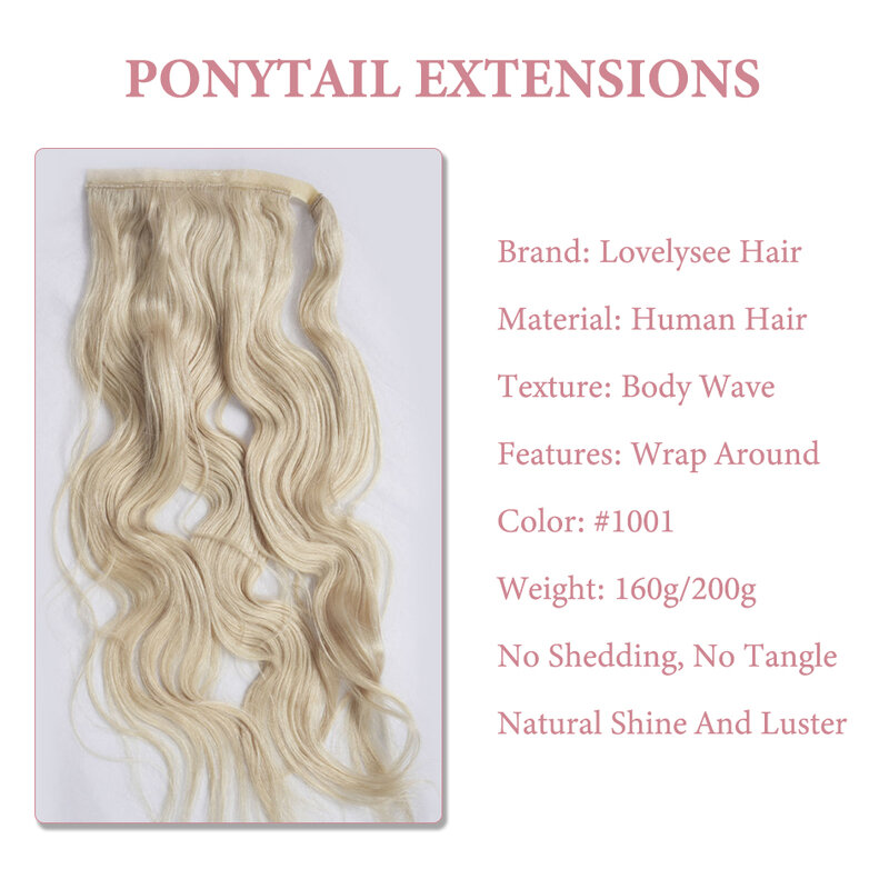 Body Wave Ponytail Extensões de cabelo humano para mulheres, Clip In, Wrap Around, Brazilian, 100% Remy, Pony Tail Hairpiece, 160G, 200G