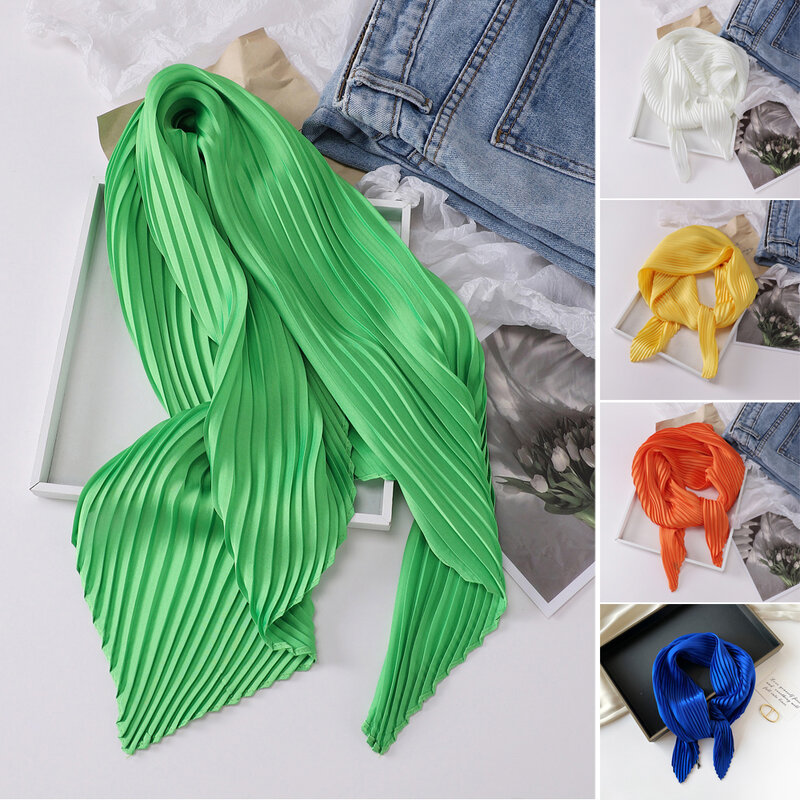 70*70CM Fashion Crinkle Hijab Scarf For Women Silk Satin Pleated Scarf Square Scarf Bright Color Decorative Headscarf Hairbands