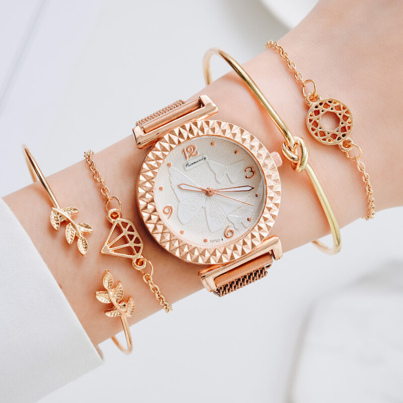 5Pcs ชุดนาฬิกาสำหรับสตรีสตรี Rose Gold สุภาพสตรีนาฬิกาควอตซ์นาฬิกา Casual สตรีนาฬิกาแฟชั่นสร้อยข้อมือ...