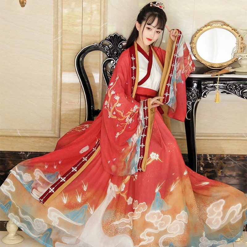 Китайский стиль Wei Jin, старинный костюм, женский стиль, традиционная китайская осенняя одежда для женщин, красный, зеленый цветочный принт, ханьфу