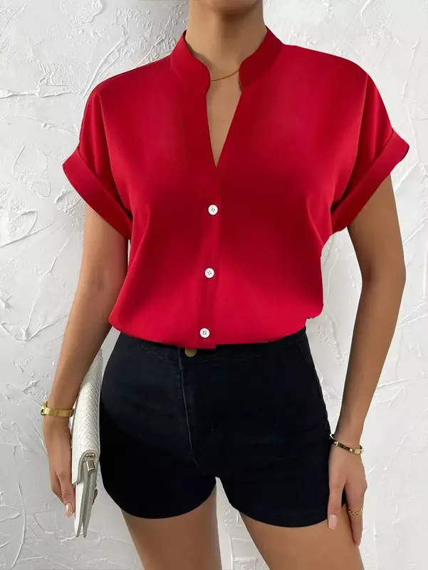 여성용 단색 브이넥 반팔 셔츠, 2023 캐주얼 그린 싱글 브레스트 오피스 셔츠, Y Camisas, 여름