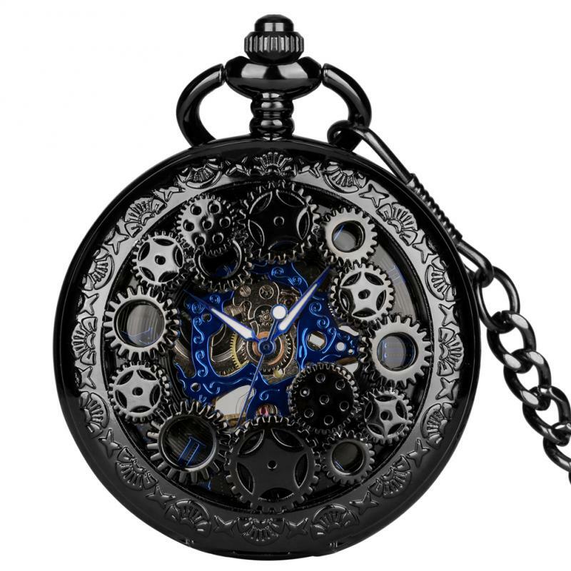 Antike Ausrüstung mechanische Uhr hohl blau Skelett Mode schwarz Handaufzug Anhänger Uhr römische Nummer Uhr mit 38cm Haken kette