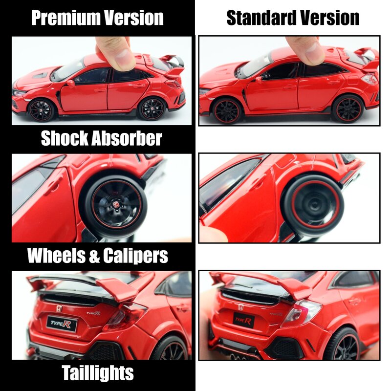 1/32 Honda Civic Type R Toy Car per bambini Diecast modello in miniatura Pull Back Doors apribile Sound Light Collection Gift Boys