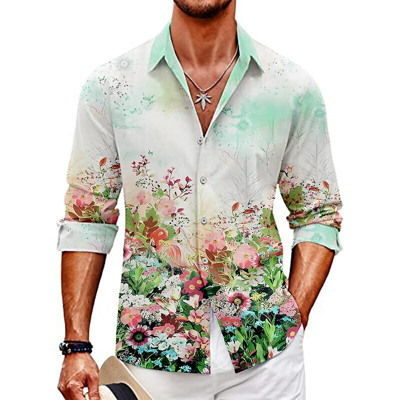 Nuova camicia da uomo motivo floreale con risvolto Outdoor Street manica lunga stampata abbigliamento moda Streetwear Designer Casual