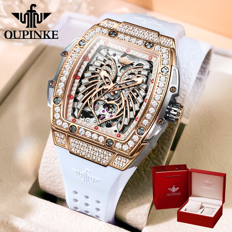OUPINKE-Relógio Impermeável de Silicone Clássico Feminino, Todo Diamante, Automático, Mecânico, Elegante, Marca de Luxo, 3225