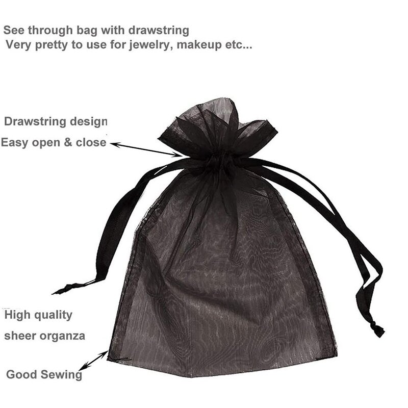 Bolsa de Organza negra, bolsa de regalo para joyería, bolsa de azúcar, paquete de prueba para cosméticos