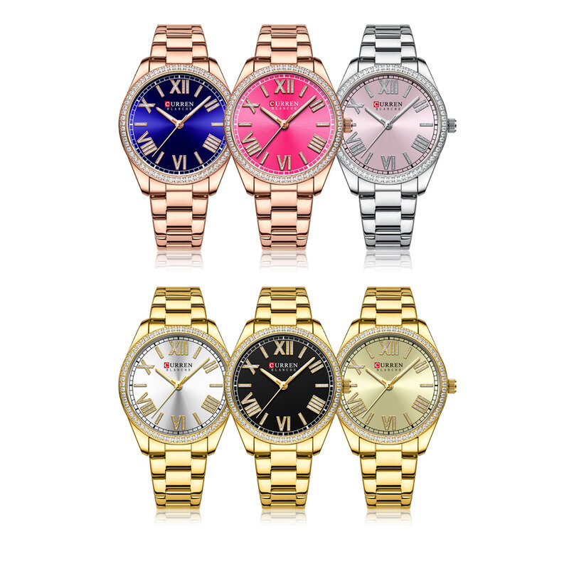 CURREN nowe luksusowe damskie zegarki na rękę z paskiem z Rhinestone Dial eleganckie świecące ręce zegarki ze stali nierdzewnej