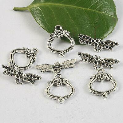 10sets ring:20x16mm,bar:24mm,loop:1.5mm Tibetan Silver Dragonfly flower design Toggle Clasp H0454