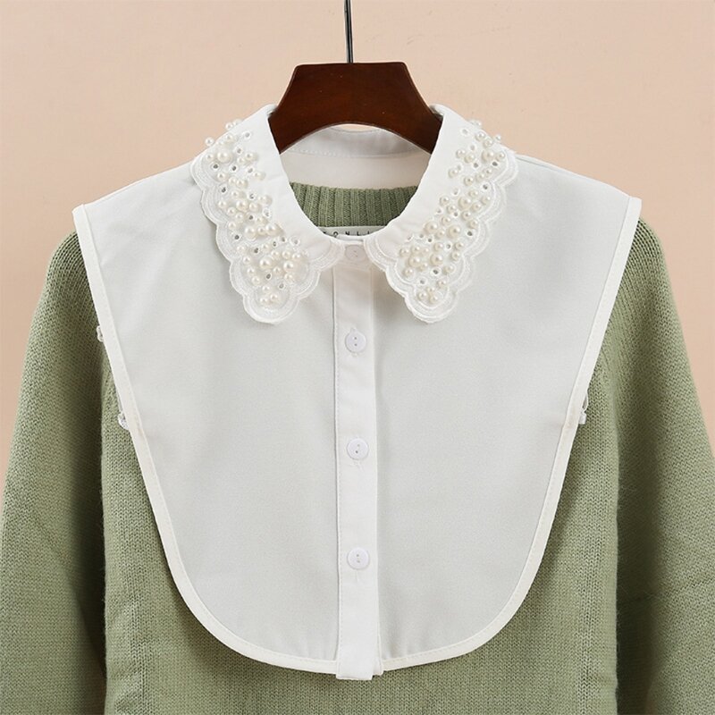 Korean Imitation Pearl Beaded Fake Collar for Women Detachable White Dickey Blouse Hollow Out Embroidery Scalloped DXAA