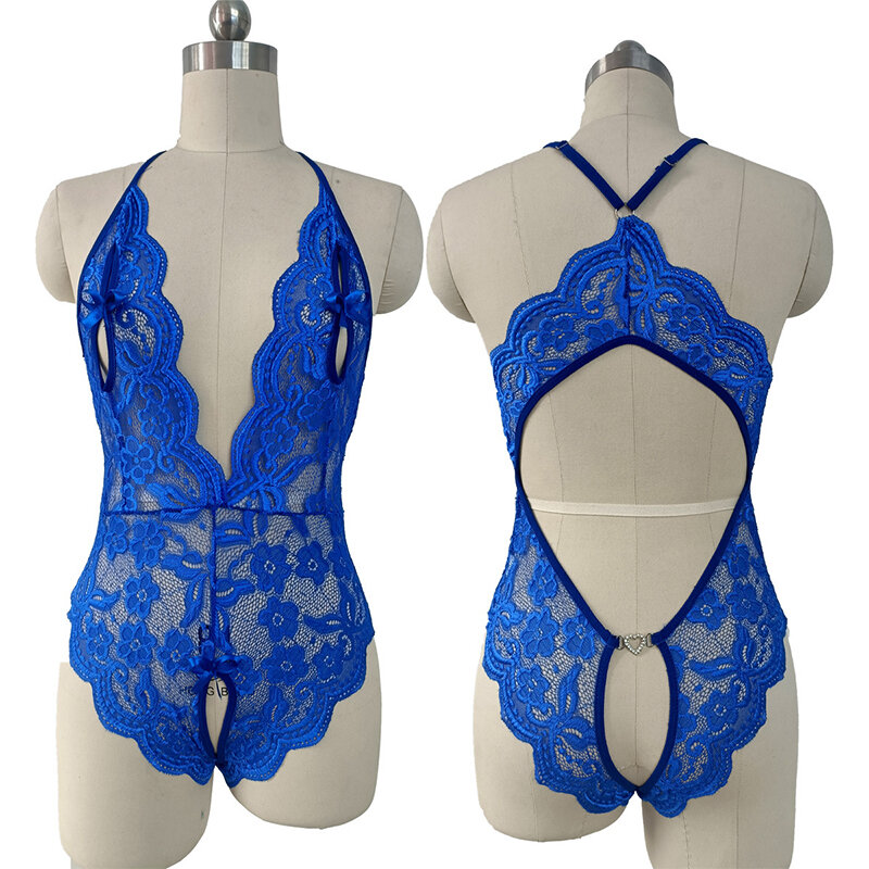 Комплект женского сексуального нижнего белья, голубого цвета, с вырезами, с глубоким V-образным вырезом