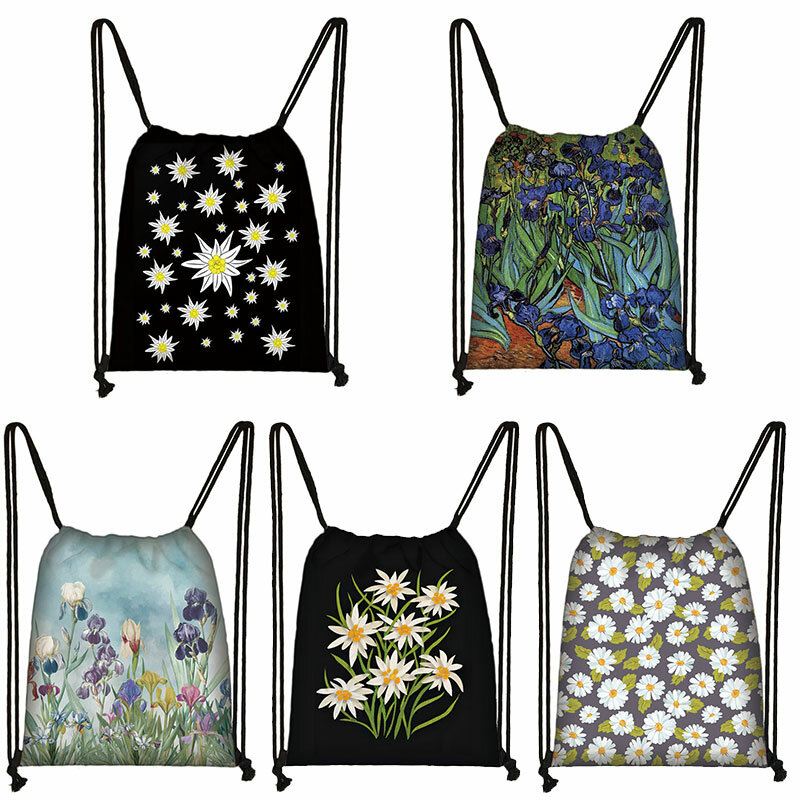 Irises / Edelweiss – sac à dos à cordon imprimé floral pour femmes, sac à dos Kawaii papillon, rangement décontracté pour voyage, sac à livres pour filles, cadeau