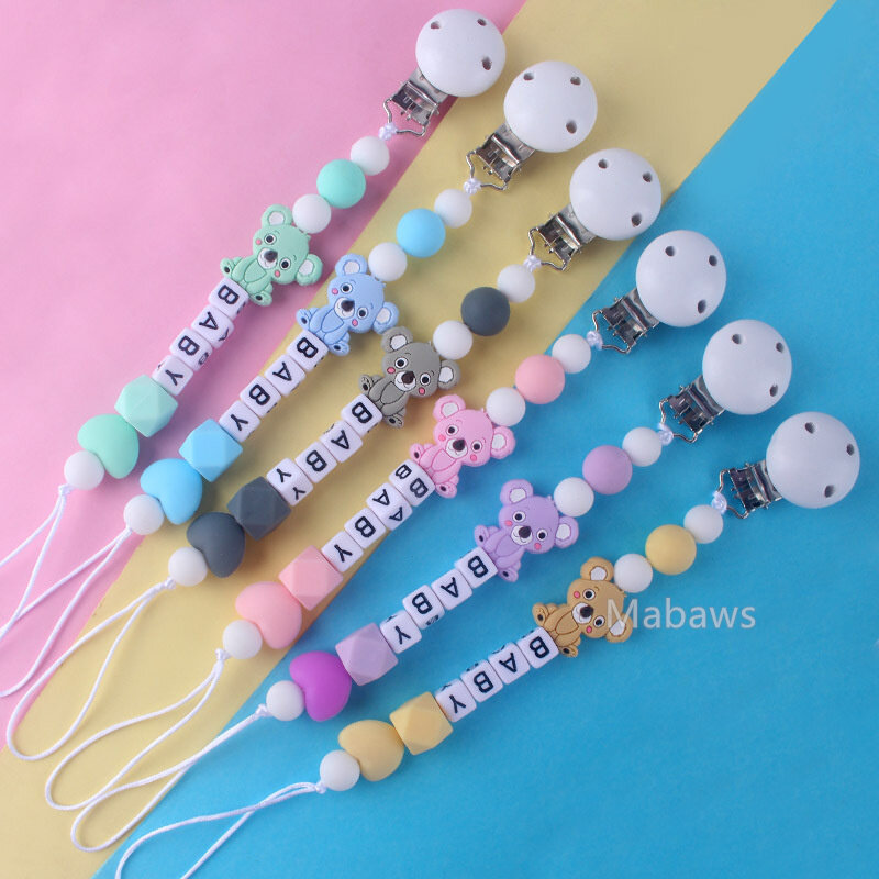 Nieuwe Gepersonaliseerde Fopspeen Clip Aangepaste Baby Naam Speenketting Koala Siliconen Baby Tand Keten Anti Vallen Tandjes Toygift