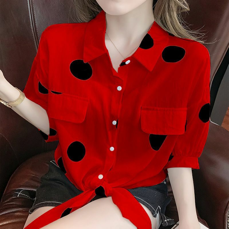 Fashion Lapel Loose Bandage Bow Polka Dot Shirt Women's Clothing 2023 Summer New Oversized Casual Tops Half Sleeve Korean Blouse
