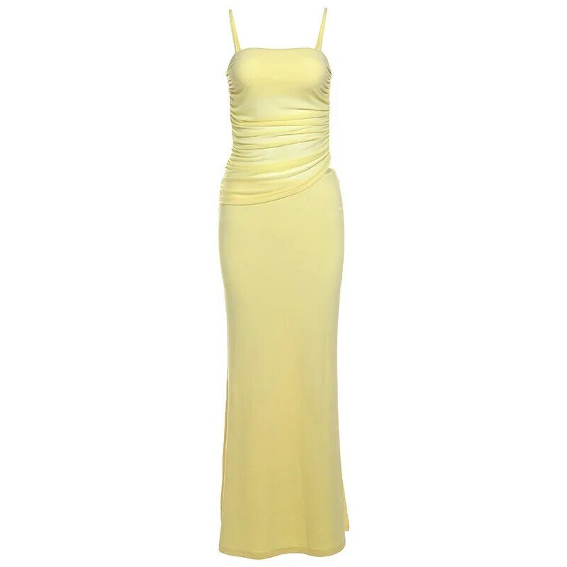 Желтое женское платье для выпускного вечера, сексуальное летнее облегающее платье-футляр без рукавов на бретельках, однотонное платье с вырезами, юбка, халаты