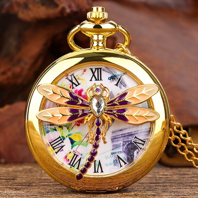 クリエイティブな透かし彫りのフリップ時計、トンボのペンダント、美しい個性、カラーダイヤモンド、ガールフレンドへのギフト