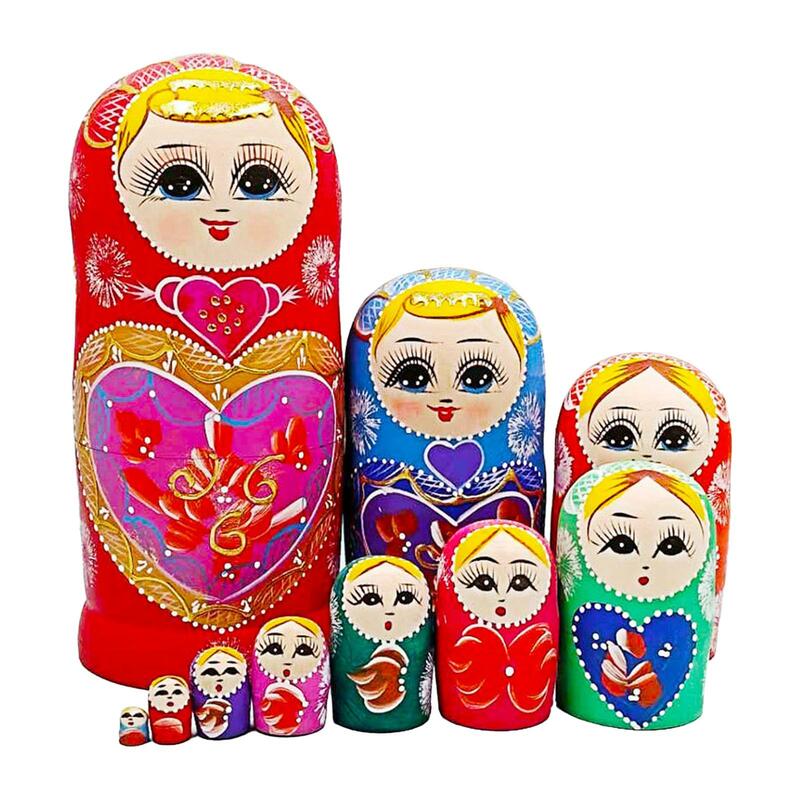10 Pieces Matryoshka Handpainted Traditional Children Toys Cartoon Stacking Doll Set Russian Nesting Dolls for Shelf Tabletop