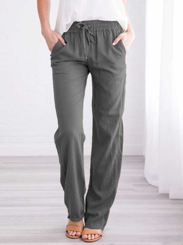 Calças femininas de cintura alta de perna larga, linho de algodão, calças soltas com cordão, bolso, monocromático, stretch, coreano, feminino