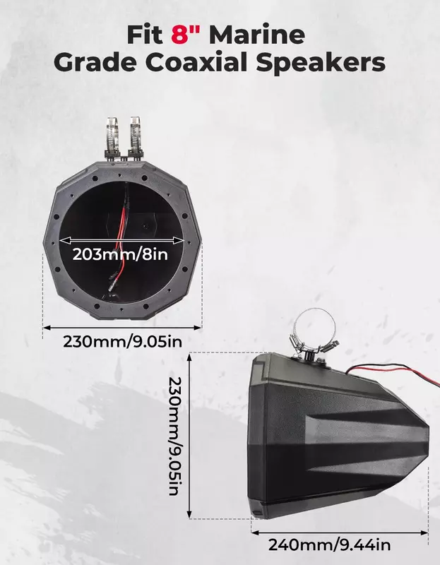 UTV ATV 8inch Speaker Pod Enclosure Compatible with Polaris RZR For Can-Am Maverick X3 For Yamaha For 1.5 - 2" Roll Bars Black