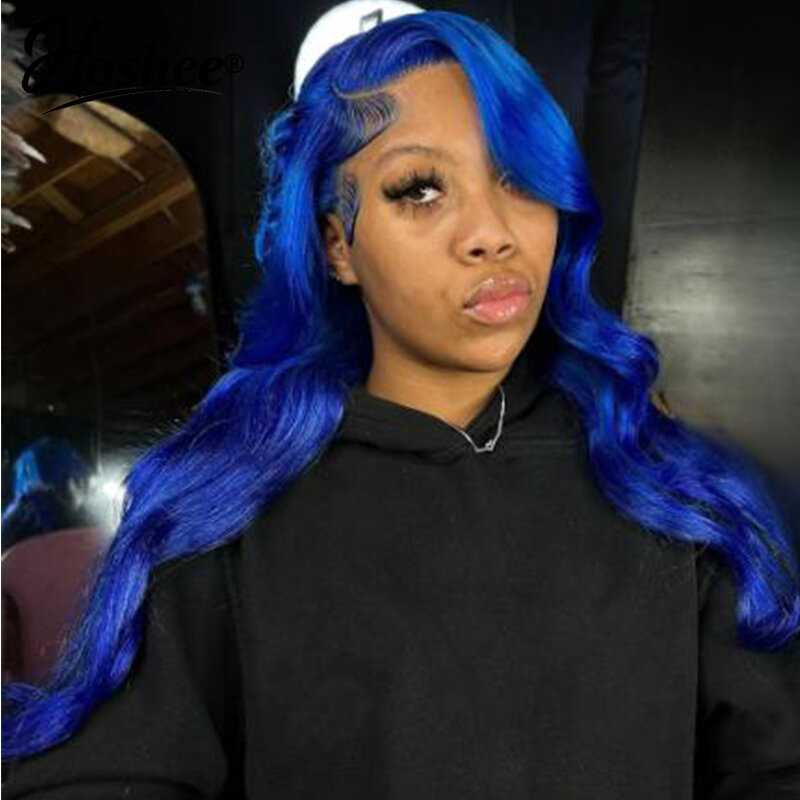 Wig rambut manusia Brasil warna biru tua gelombang tubuh lurus 13X4 HD Wig Frontal renda penutup transparan Wig untuk wanita