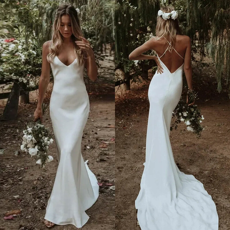 Gaun pengantin seksi punggung terbuka 2024 putri duyung tali Spaghetti lembut Satin gaun pengantin Boho sederhana musim panas gaun pantai