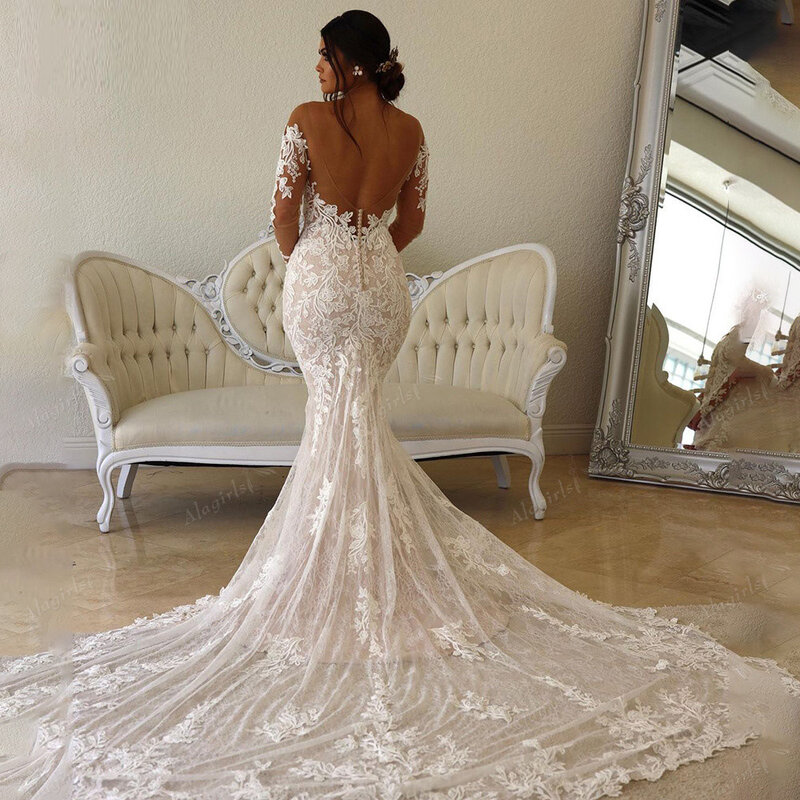 Gaun pengantin duyung kelas atas gaun pengantin renda Kereta Court lengan panjang gaun pengantin acara Formal Vestido De Novia