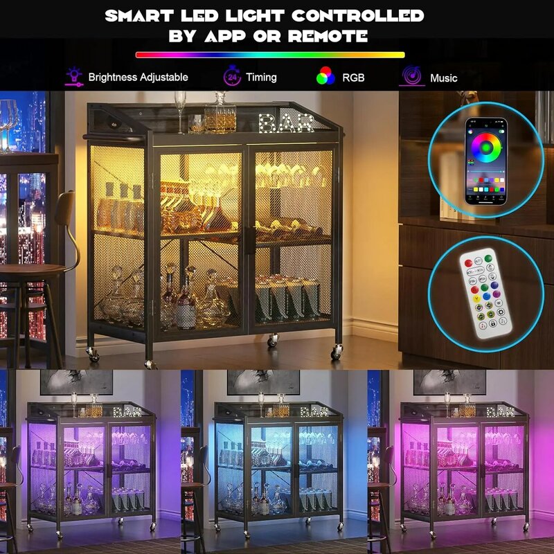 Kabinet prasmanan LED Bar anggur Sideboard Outlet daya bingkai logam Modern 2 pintu 2 laci Cyclsio Sideboard