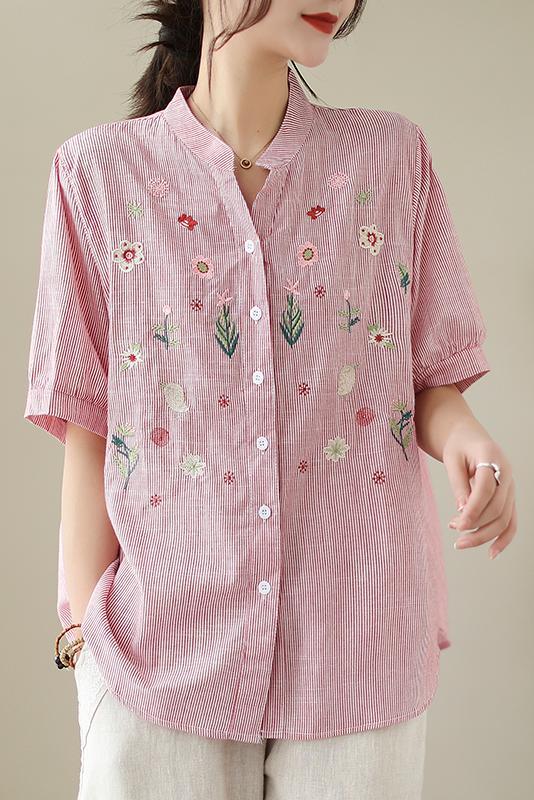 Женская свободная рубашка из хлопка и льна, повседневная винтажная блузка с цветочной вышивкой и V-образным вырезом, с коротким рукавом, модель X1163 на лето, 2024