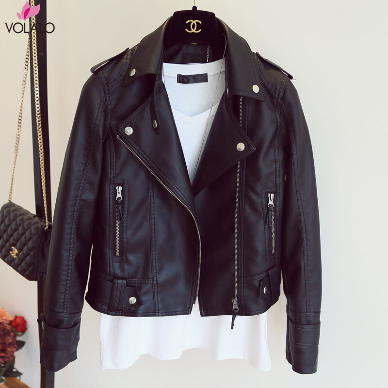 VOLALO-Jaqueta de couro falso clássica para mulheres, Outwear feminino, casaco preto, gola virada para baixo, motociclista, outono