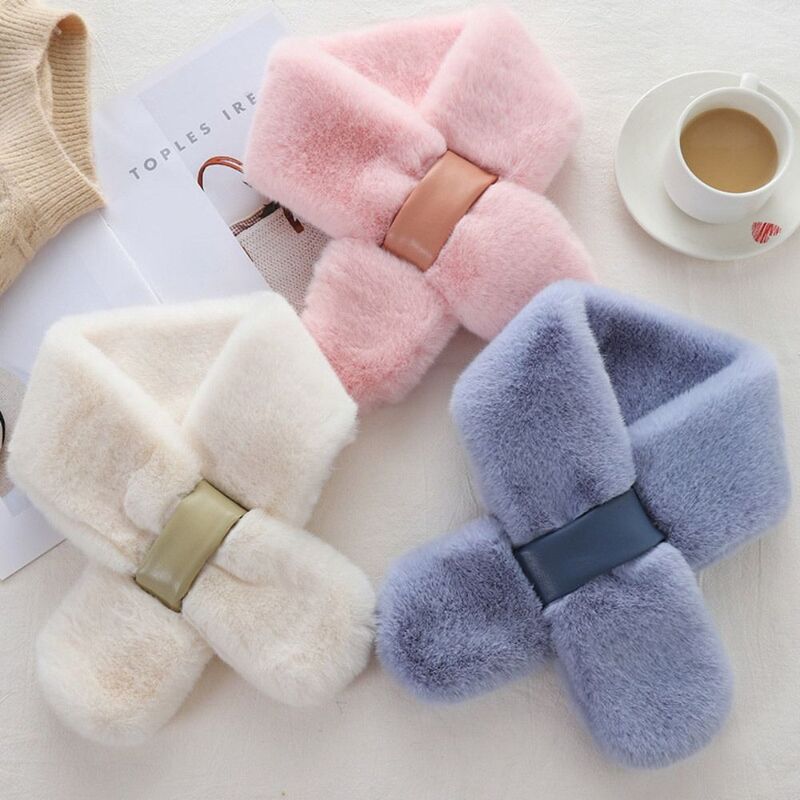 Faux Rabbit Fur Plush Cross Scarf Winter Warm Solid Color Thicken Neck Warmer Neckerchief Wrap Women