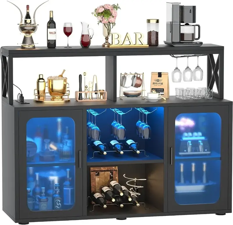 Gabinete de vino familiar con salida USB integrada, gabinete de licor con luces Led y soporte de vidrio, gabinete de vino con bastidores-S1, negro