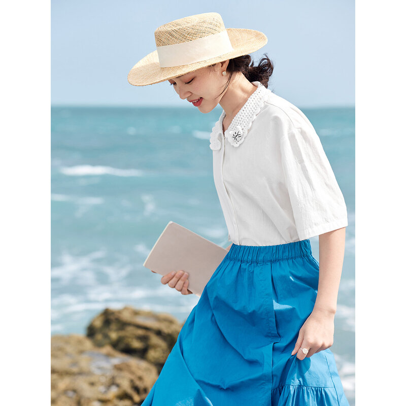 INMAN Women Shirts 2023 Summer Drop Shoulder Short Sleeve Knitted Brooch Collar Loose Blouse Pure Cotton Casual Chic White Tops