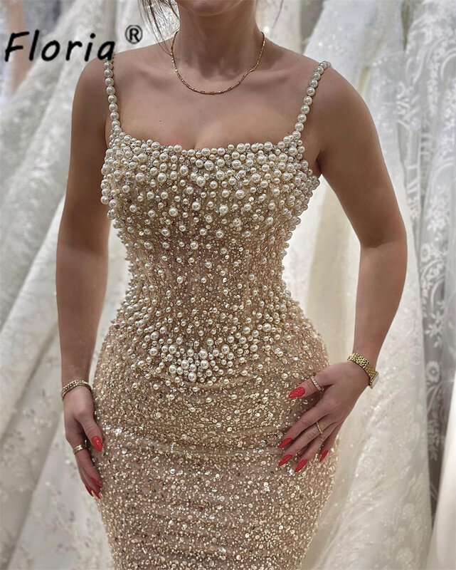 Vestido de lantejoulas com pérolas e lantejoulas, vestido de festa formal com alças de espaguete, vestido sereia para baile de casamento, moda Dubai