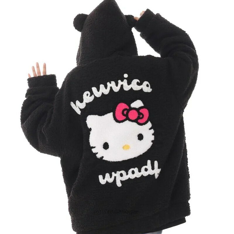 Kawaii Sanrio Hello Kitty Plush Hoodie Women Winter New Fashion Sweatshirt Y2k Preppy Girls Cardigan Coat Loose Casual Clothing