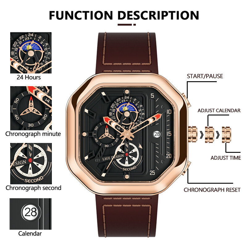 LIGE-Montre-bracelet à quartz en cuir pour homme, montres de sport décontractées, horloge militaire de luxe, chronographe à la mode, date, 2023