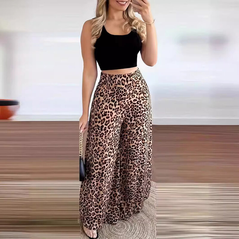 Pantalon à jambes larges imprimé léopard pour femme, 2 pièces, mode estivale, fibre courte, verre, décontracté, simple, trempé, 2024