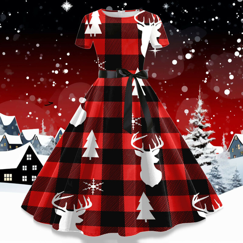 Robe de soirée maxi à manches courtes pour femmes, imprimé de Noël, tunique décontractée, chemise de Rh, robes d'été, années 1950, 007