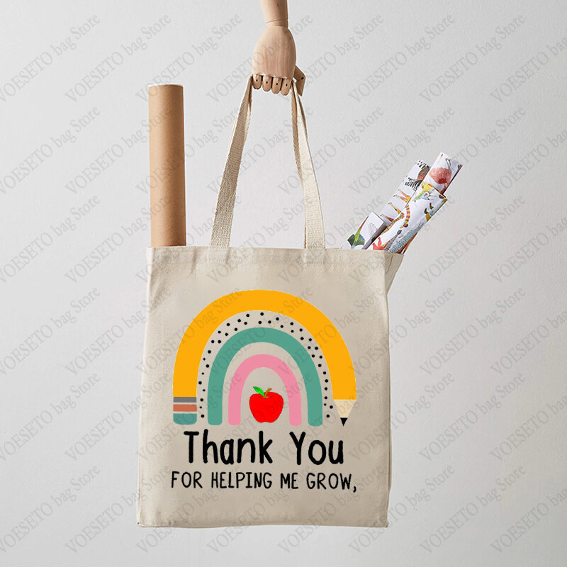 Thank You Helping Me Grow Rainbow Pattern Shopping Bag Canvas Shoulder Bag Reusable Foldable Storage Tote Bag Gift for Teacher