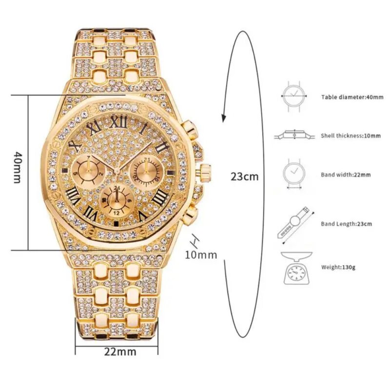 Relógio de quartzo de diamante de três olhos luxuoso masculino, padrão romano, multifunções, aço inoxidável, moda casual