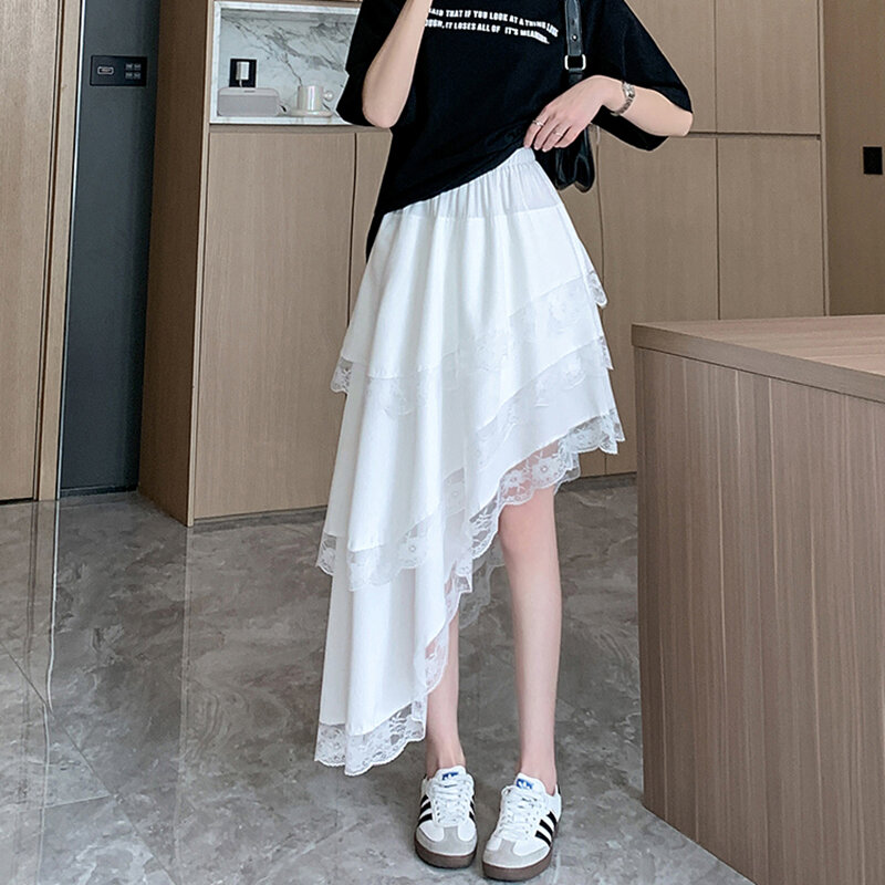 Gidyq koronkowe nieregularna spódnica damskie koreańskie modne na co dzień z wysokim stanem spódnice damskie letnie Streetwear jednolita spódnica do połowy długości