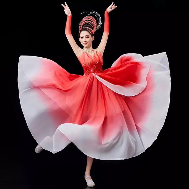 أزياء رقص صينية براقة للإناث ، فستان كبير براق ، فساتين أضواء حديثة ، ملابس أداء