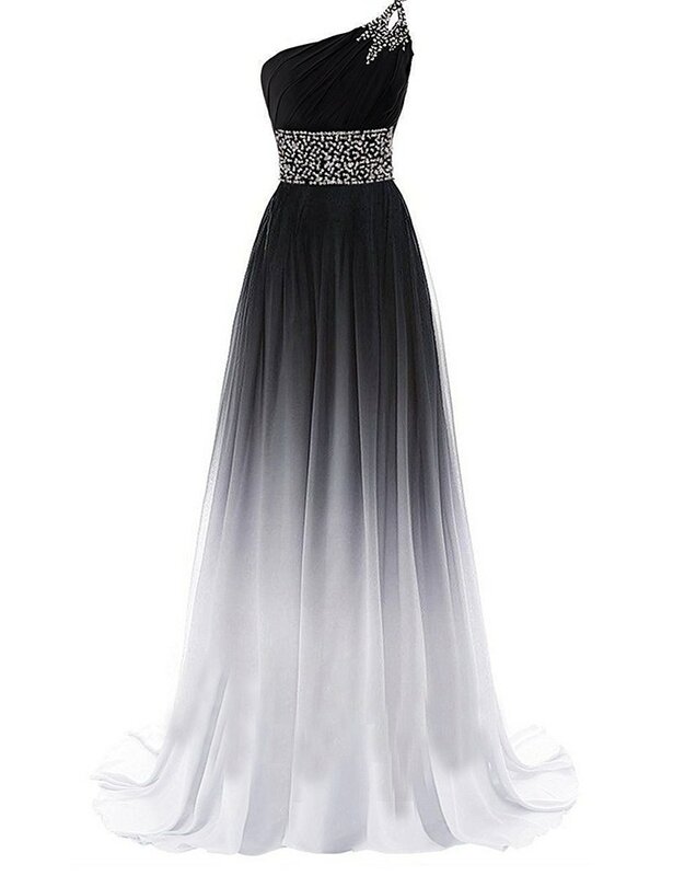 원 숄더 그라데이션 시폰 이브닝 드레스, 2023 스파클링 다이아몬드, A 라인, 격식 있는 파티 무도회 드레스