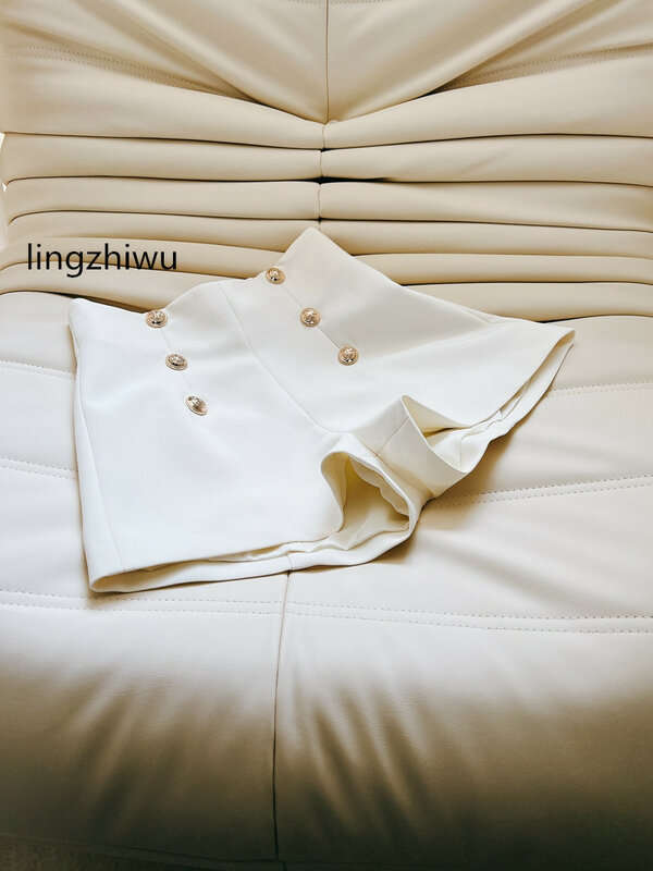 lingzhiwu White Shorts French High Waist Slim Wide Leg Short Pants Korean Casual Double Breasted A-Line Bottom New Arrive