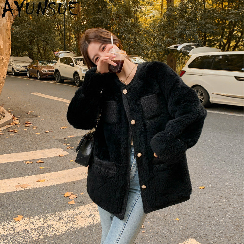 Куртка AYUNSUE из овчины, Женская осенне-зимняя куртка из 100% шерсти с круглым воротником, женское меховое пальто, женские шерстяные пальто средней длины