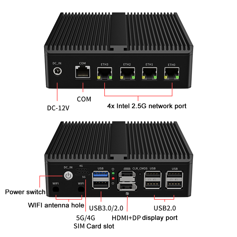 Router senza ventola Intel J6413 J6412 N100 DDR4 DP HDMI 4 * i226V 2.5G ESXI AES-NI 4G/5G SIM Solt COM Mini PC Pfsense Firewall Computer