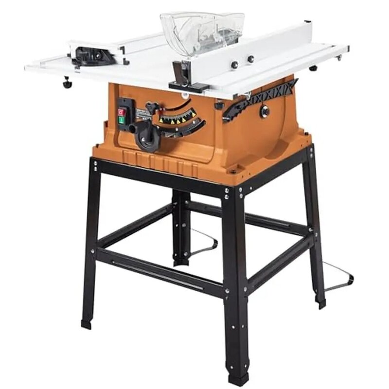 10 Inch Multifunctional Table Saw with Stand & Push Stick 5000RPM Adjustable Height 90° Cross Cut  0-45° Bevel  Dust